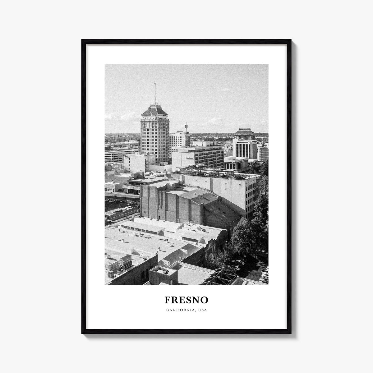 Fresno black & white classic poster of California, USA – vertical wall art, unframed print shown in interior mockup