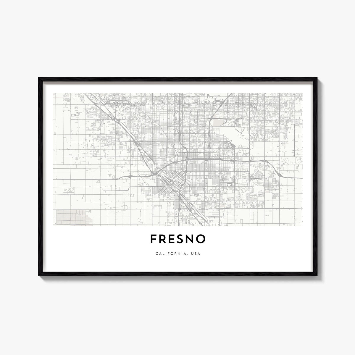 Fresno black & white map poster of California, USA – horizontal wall art, unframed print shown in interior mockup