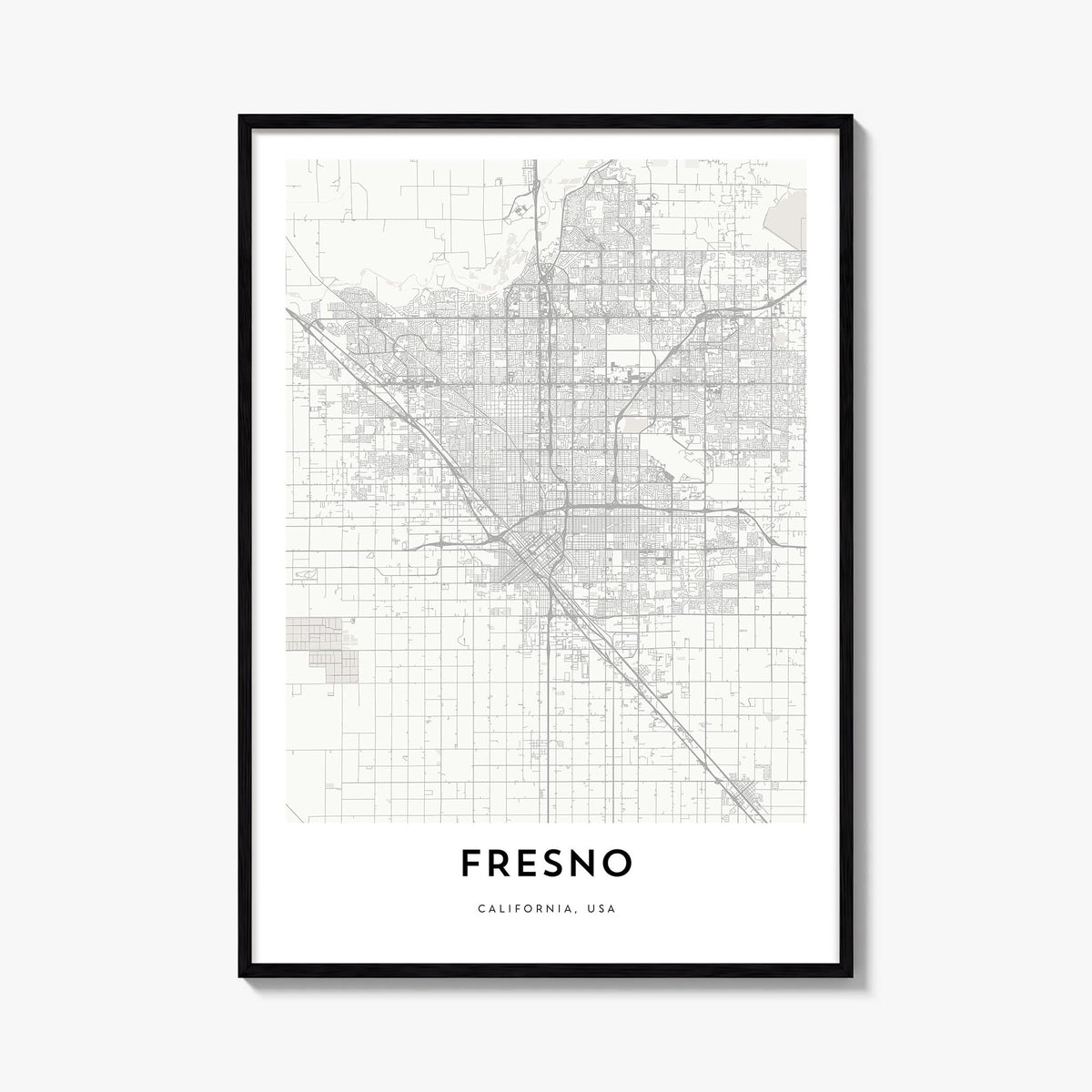 Fresno black & white map poster of California, USA – vertical wall art, unframed print shown in interior mockup