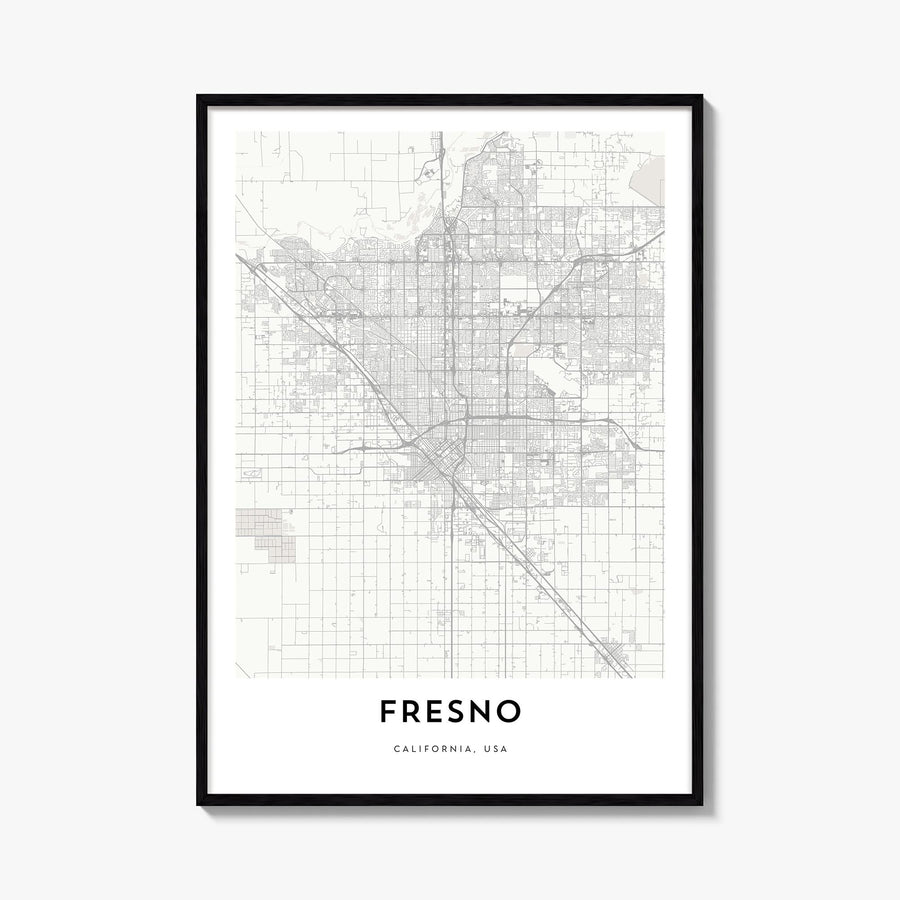 Fresno black & white map poster of California, USA – vertical wall art, unframed print shown in interior mockup