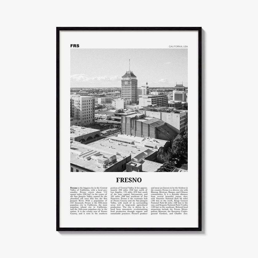 Fresno black & white newspaper poster of California, USA – vertical wall art, unframed print shown in interior mockup