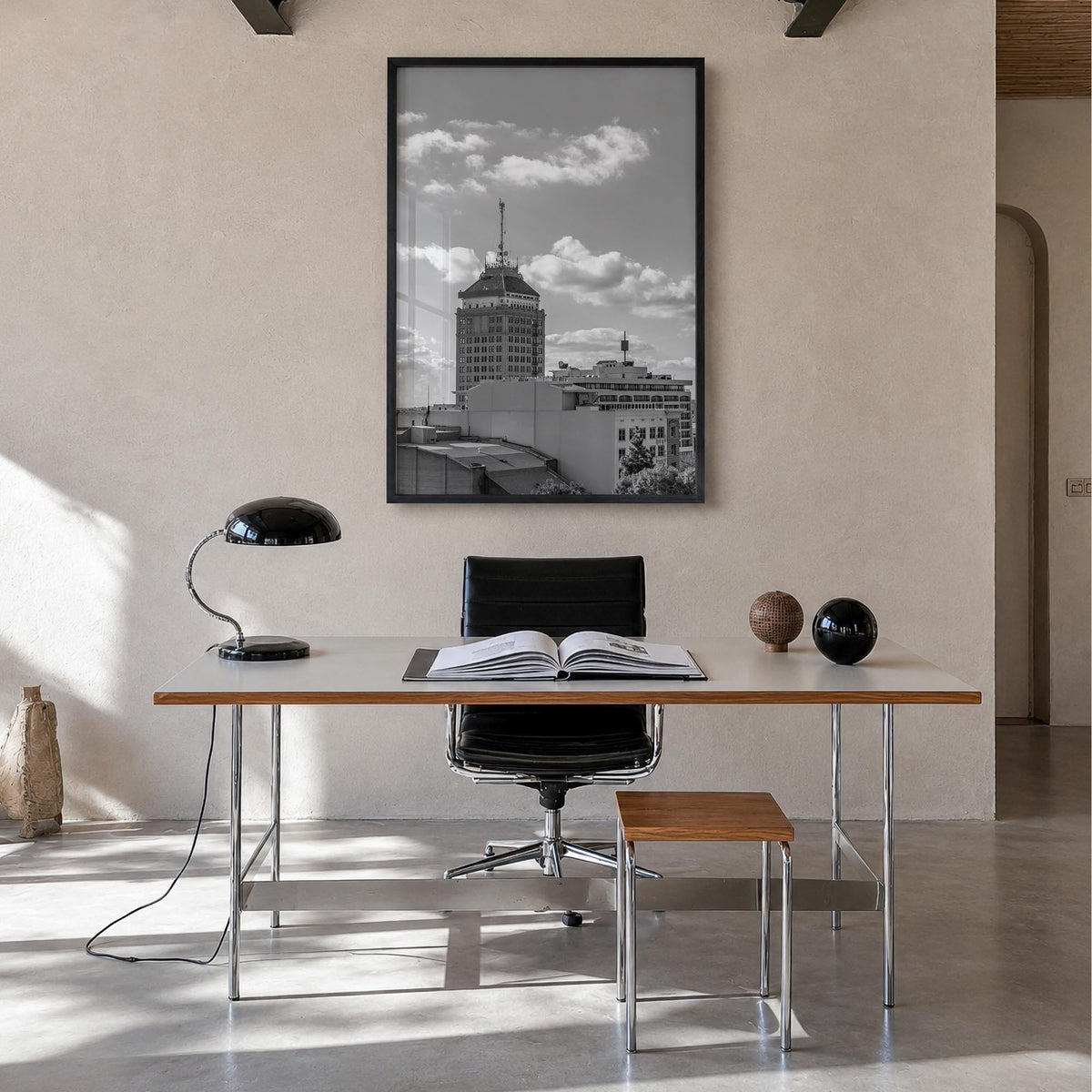 Fresno black & white photo poster of California, USA – vertical wall art in black wood frame, hanging on wall