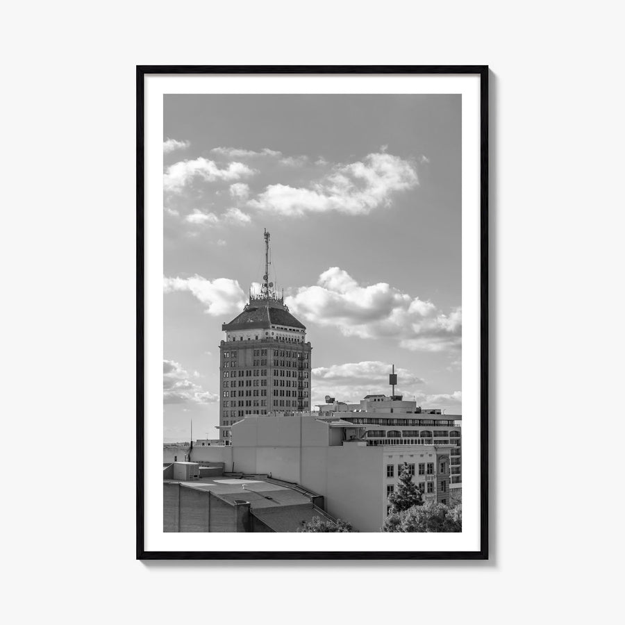 Fresno black & white photo poster of California, USA – vertical wall art, unframed print shown in interior mockup