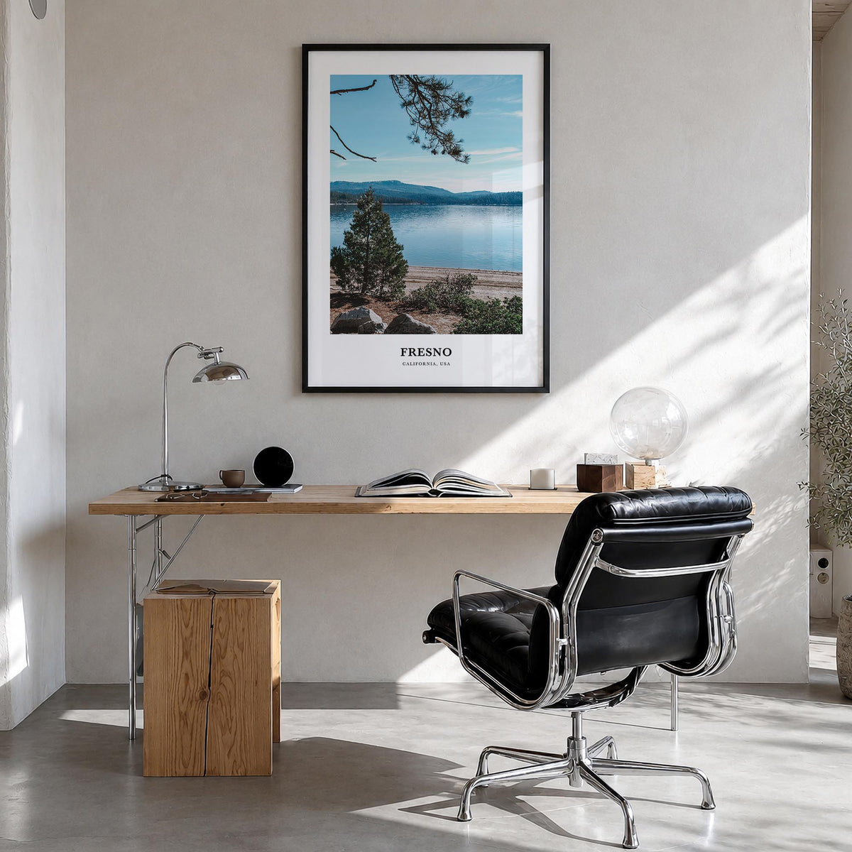 Fresno colorful classic poster of California, USA – vertical wall art in black wood frame, hanging on wall