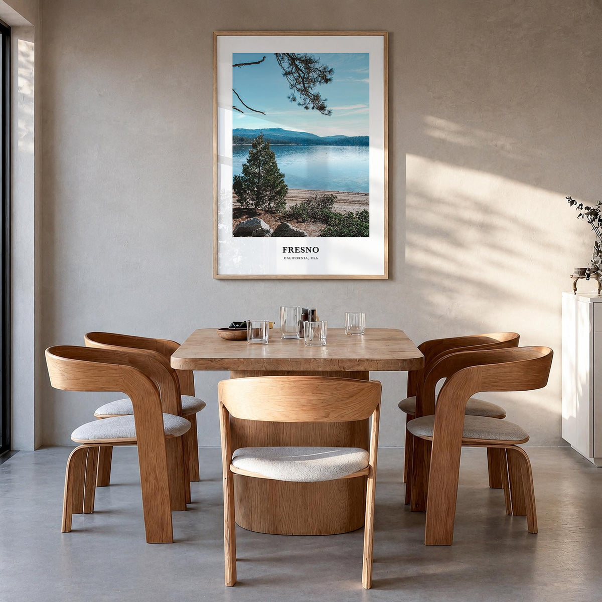 Fresno colorful classic poster of California, USA – vertical wall art in natural wood frame, hanging on wall