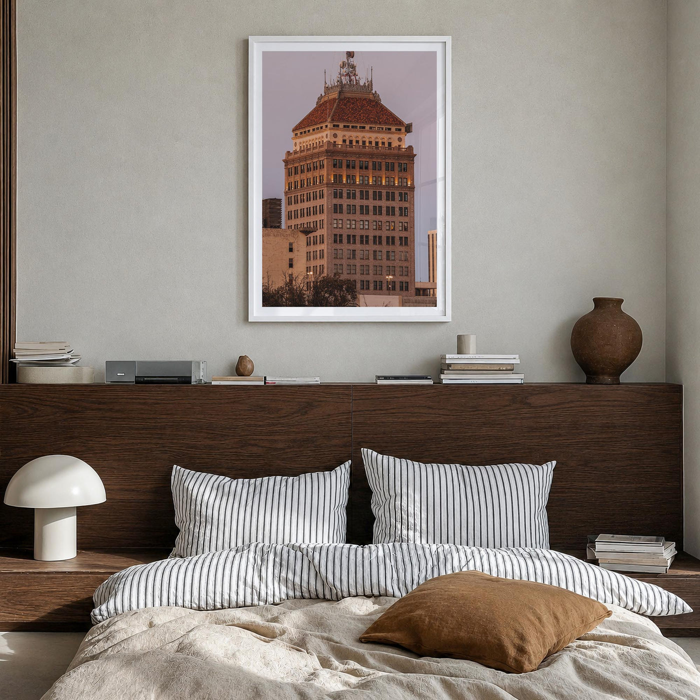 Fresno colorful photo poster of California, USA – vertical wall art in white wood frame with white border, hanging on wall