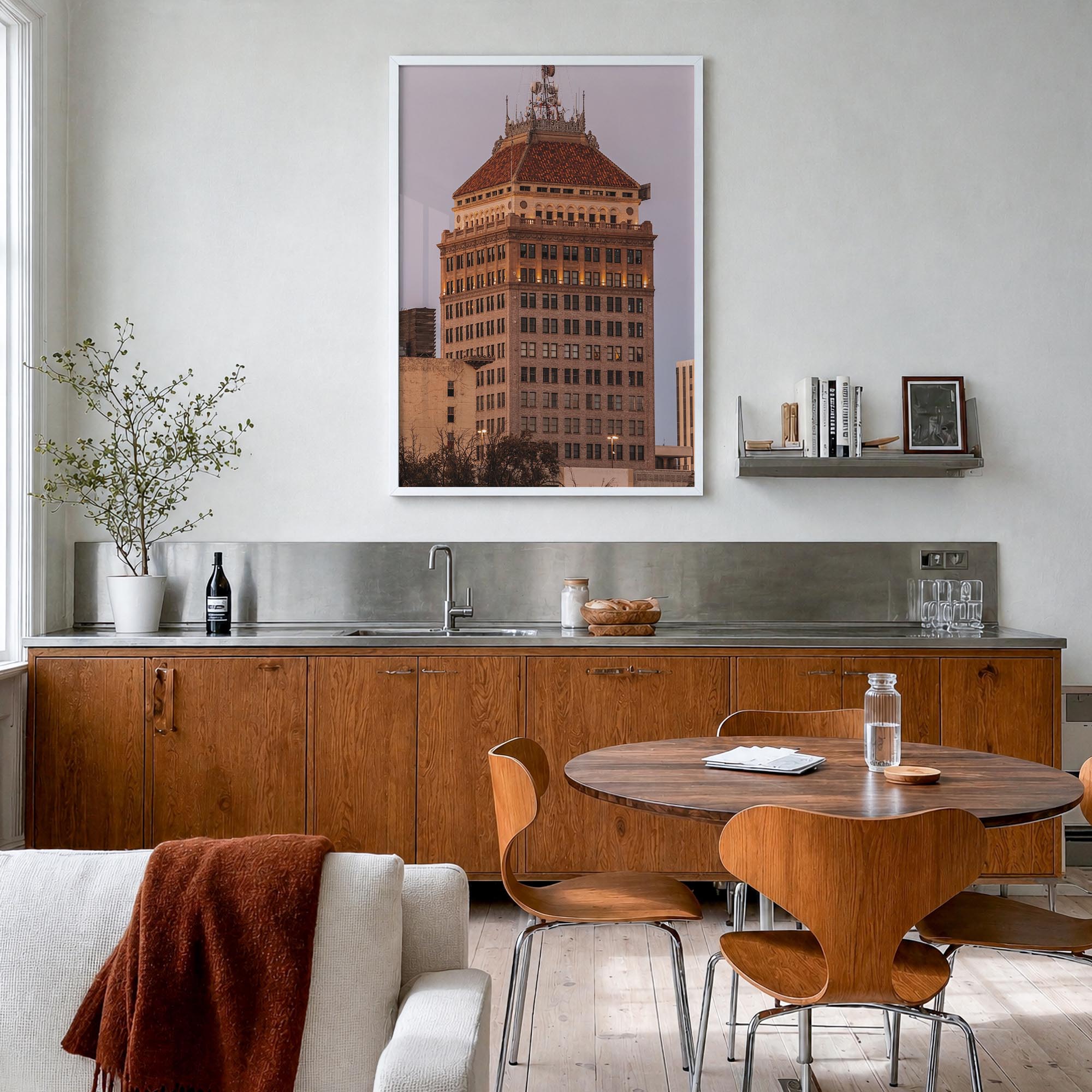 Fresno colorful photo poster of California, USA – vertical wall art in white wood frame, hanging on wall