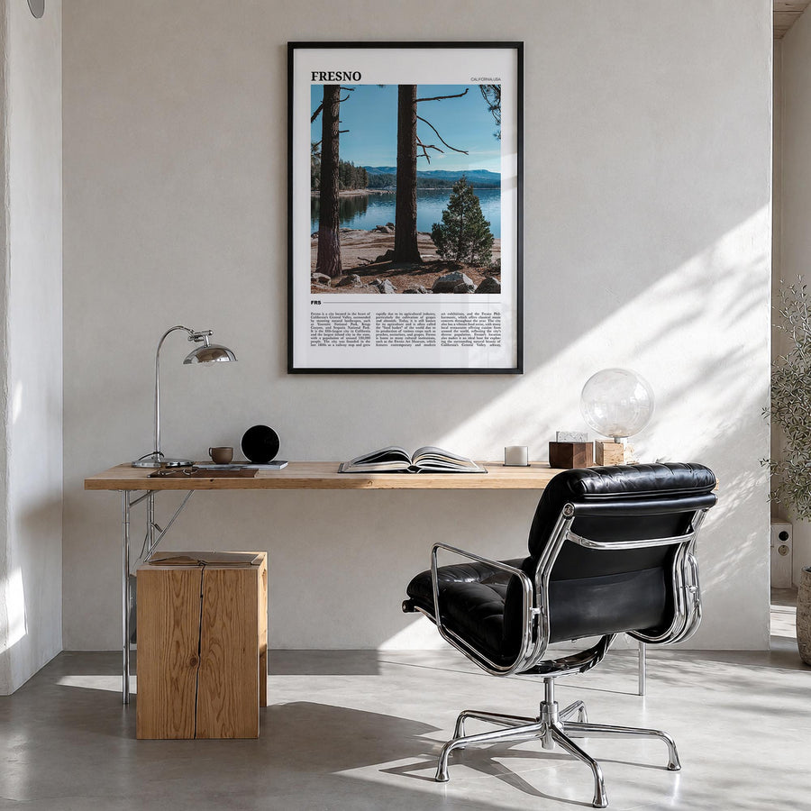 Fresno colorful travel poster of California, USA – vertical wall art in black wood frame, hanging on wall