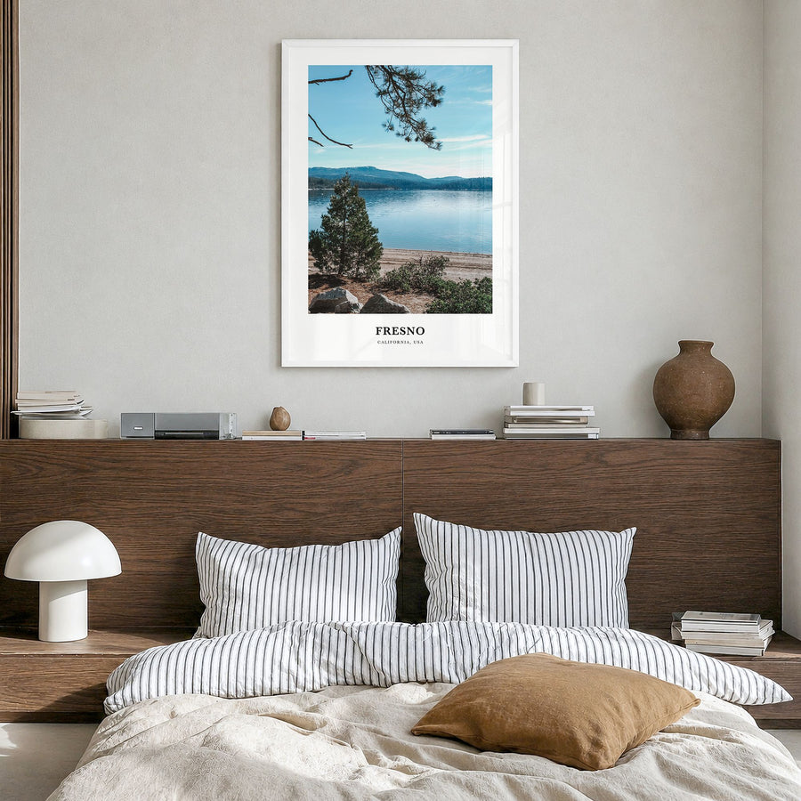 Fresno Classic Poster in a white wood frame, hanging in a bedroom