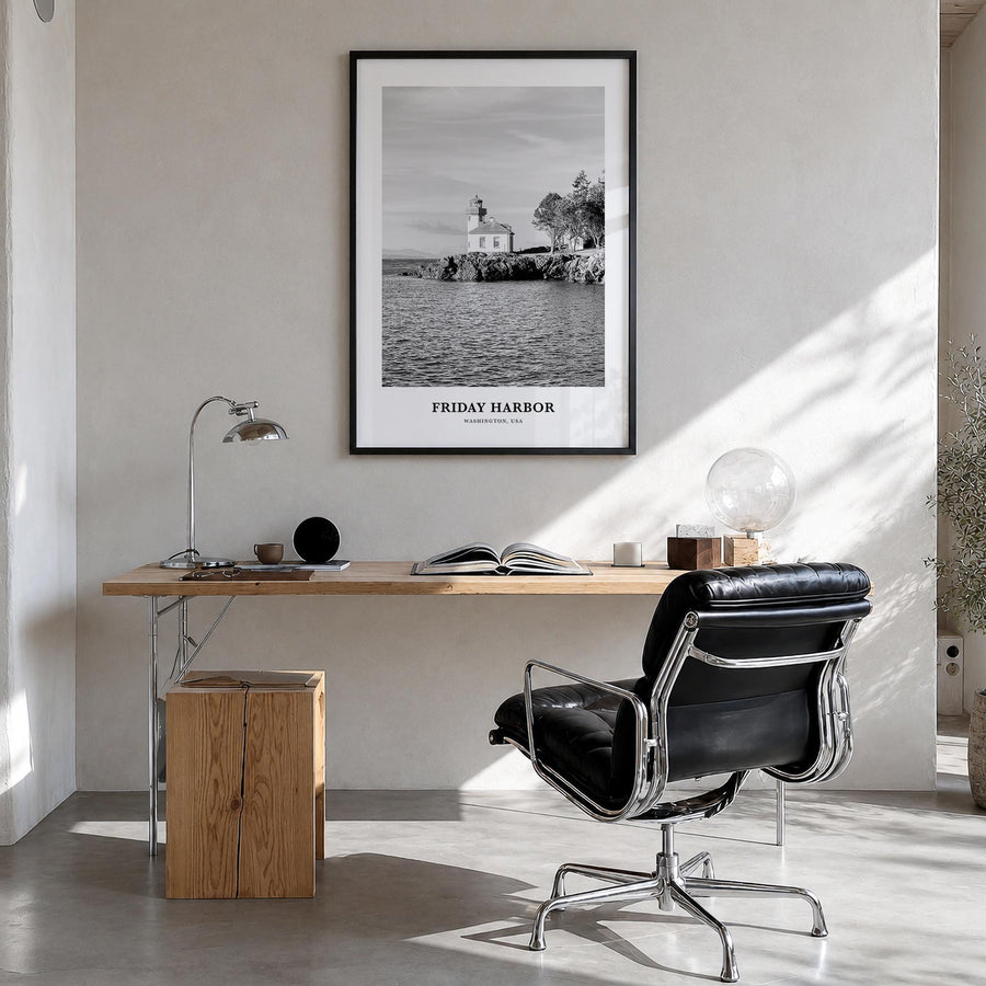 Friday Harbor black & white classic poster of Washington, USA – vertical wall art in black wood frame, hanging on wall