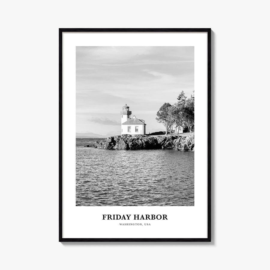 Friday Harbor black & white classic poster of Washington, USA – vertical wall art, unframed print shown in interior mockup