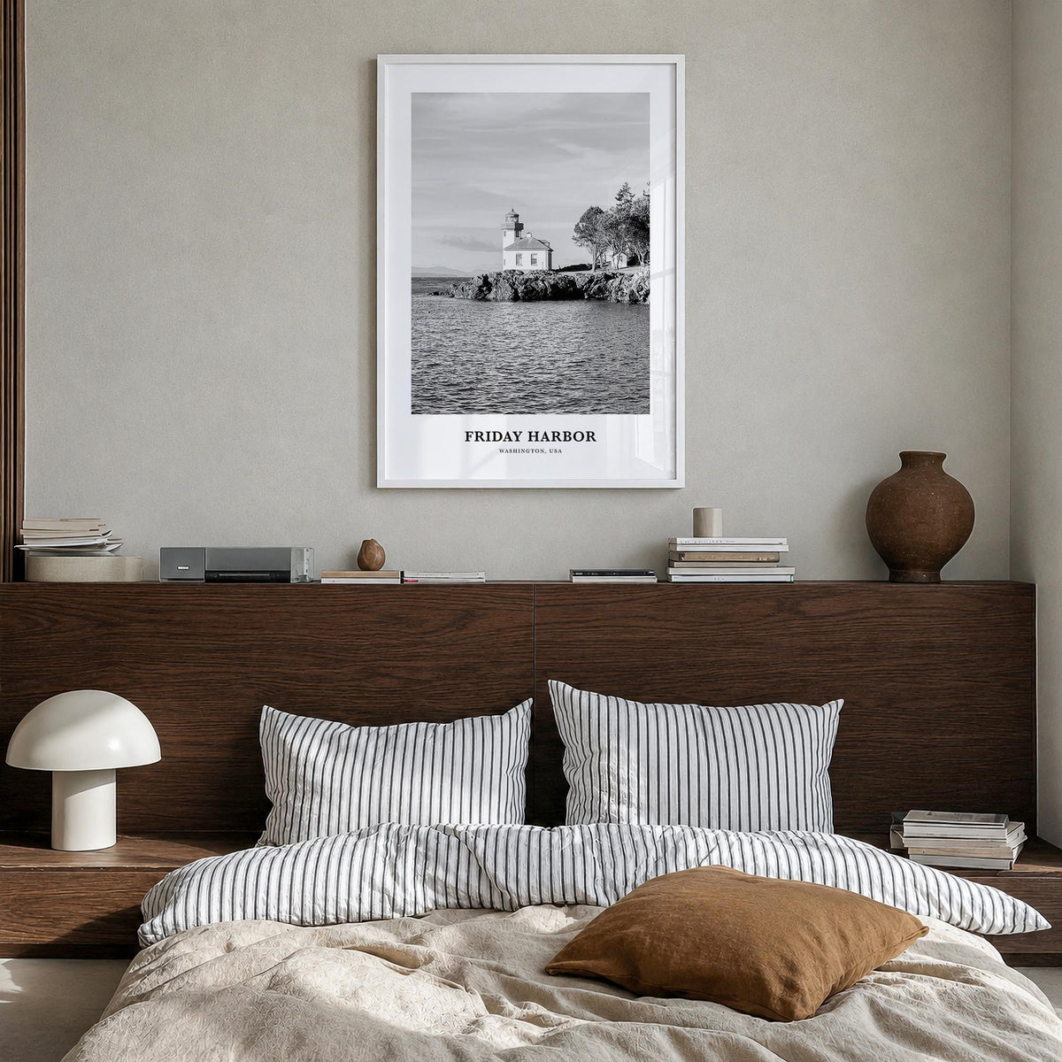 Friday Harbor black & white classic poster of Washington, USA – vertical wall art in white wood frame, hanging on wall
