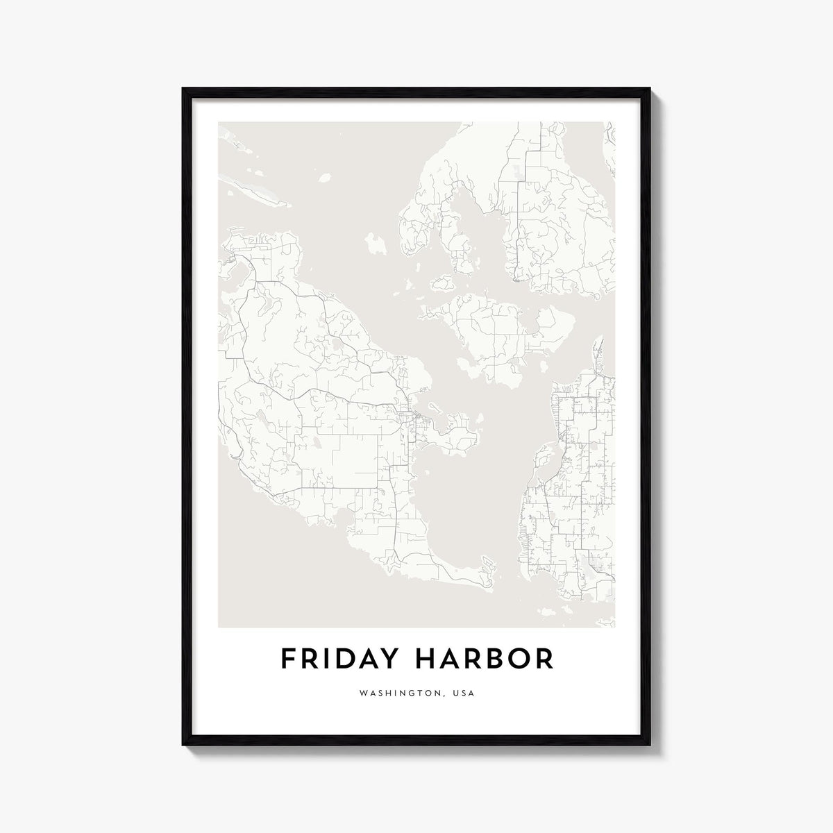Friday Harbor black & white map poster of Washington, USA – vertical wall art, unframed print shown in interior mockup