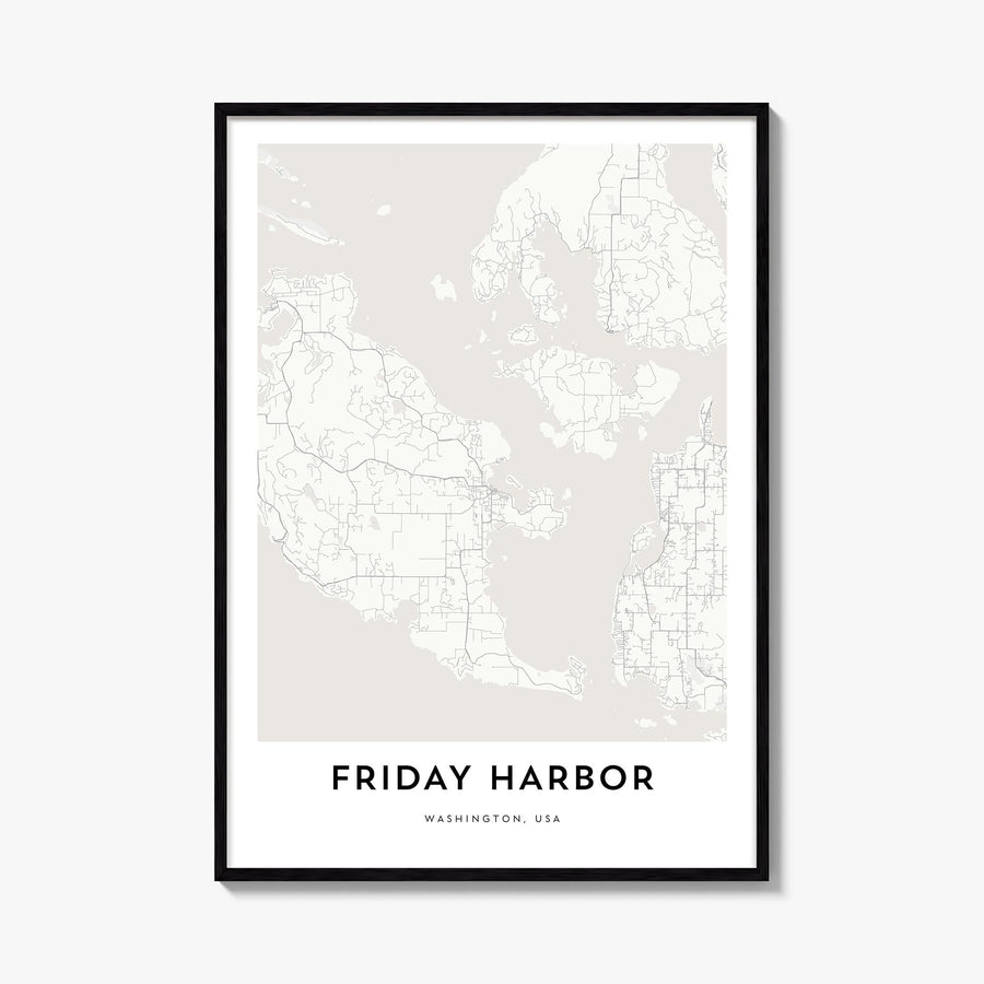 Friday Harbor black & white map poster of Washington, USA – vertical wall art, unframed print shown in interior mockup