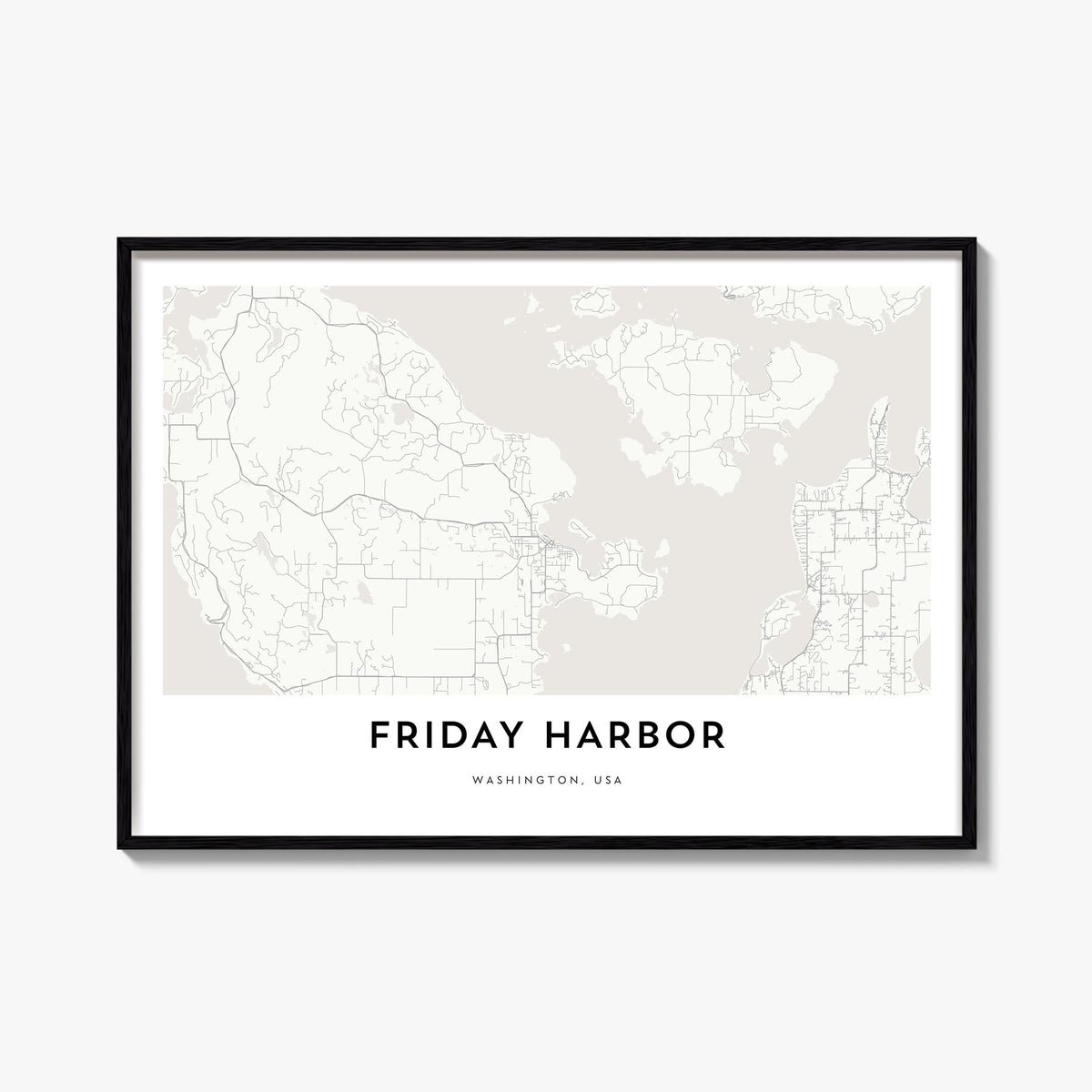 Friday Harbor black & white map poster of Washington, USA – horizontal wall art, unframed print shown in interior mockup