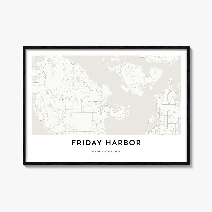 Friday Harbor black & white map poster of Washington, USA – horizontal wall art, unframed print shown in interior mockup