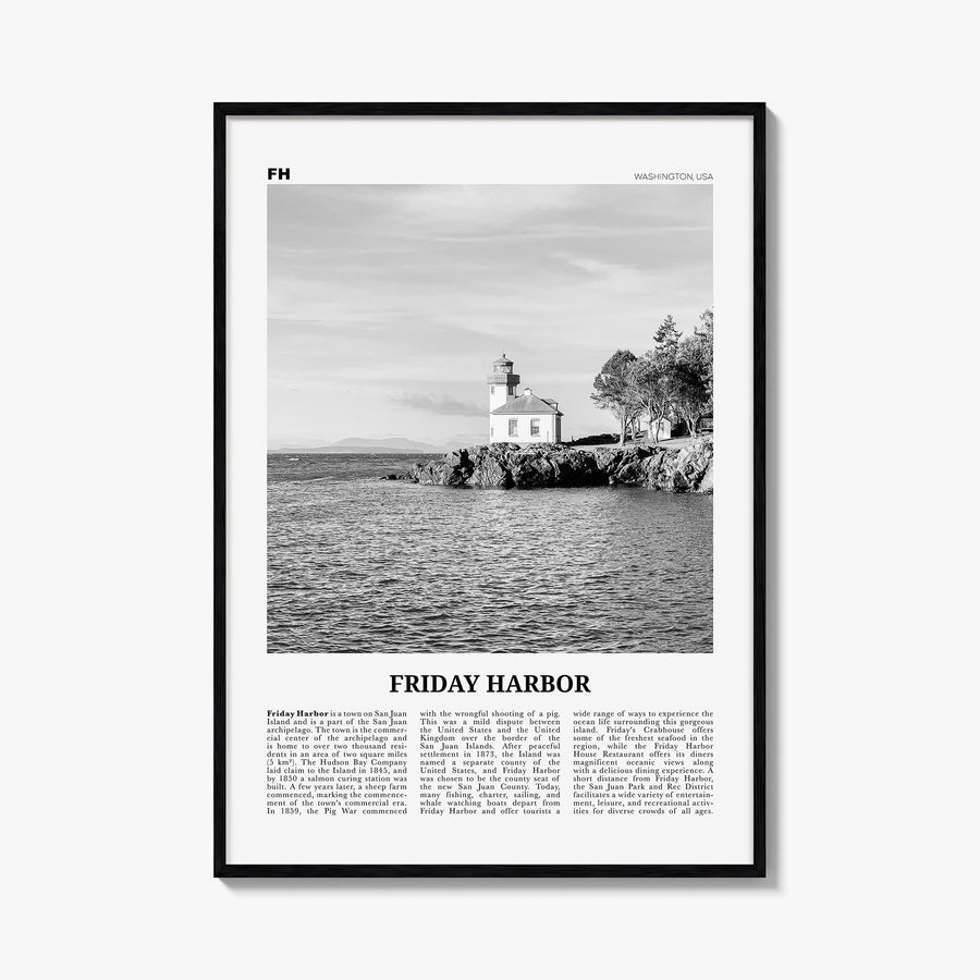 Friday Harbor black & white newspaper poster of Washington, USA – vertical wall art, unframed print shown in interior mockup