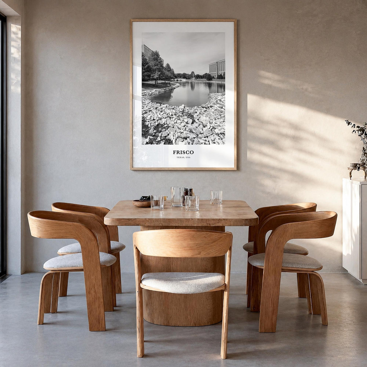 Frisco black & white classic poster of Texas, USA – vertical wall art in natural wood frame, hanging on wall