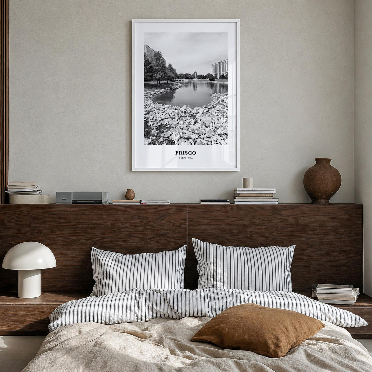 Frisco black & white classic poster of Texas, USA – vertical wall art in white wood frame, hanging on wall