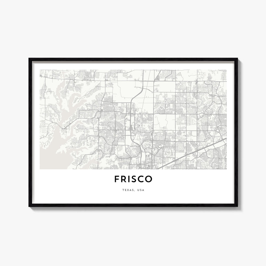 Frisco black & white map poster of Texas, USA – horizontal wall art, unframed print shown in interior mockup