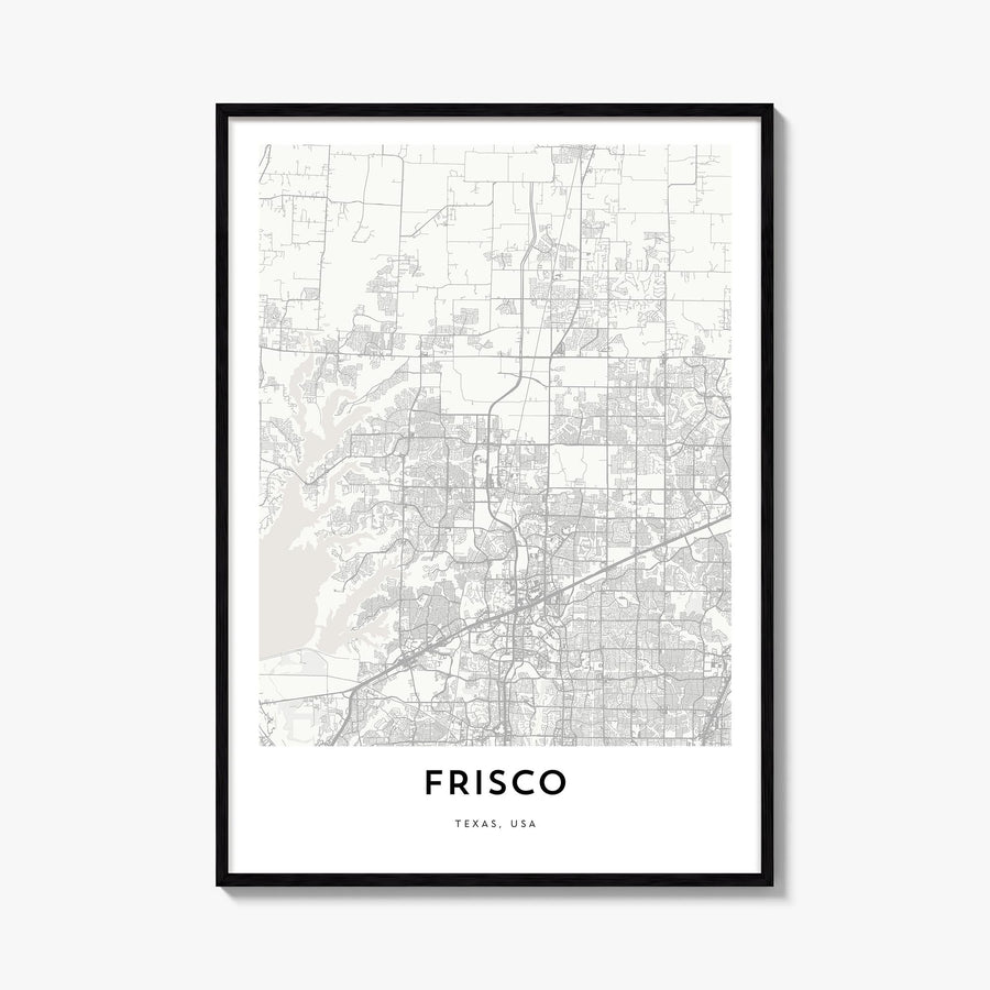 Frisco black & white map poster of Texas, USA – vertical wall art, unframed print shown in interior mockup
