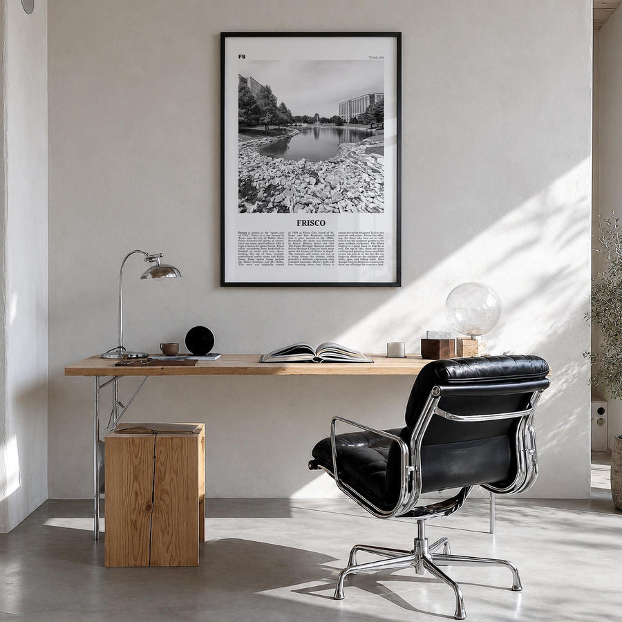 Frisco black & white newspaper poster of Texas, USA – vertical wall art in black wood frame, hanging on wall