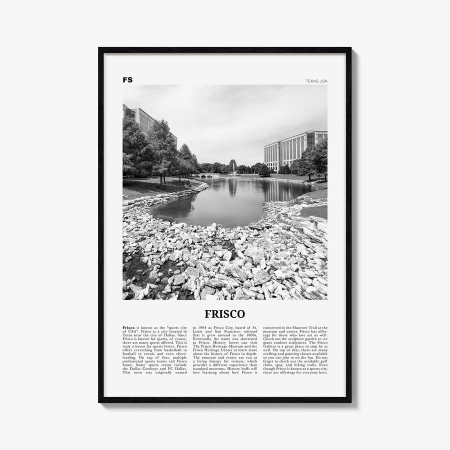 Frisco black & white newspaper poster of Texas, USA – vertical wall art, unframed print shown in interior mockup