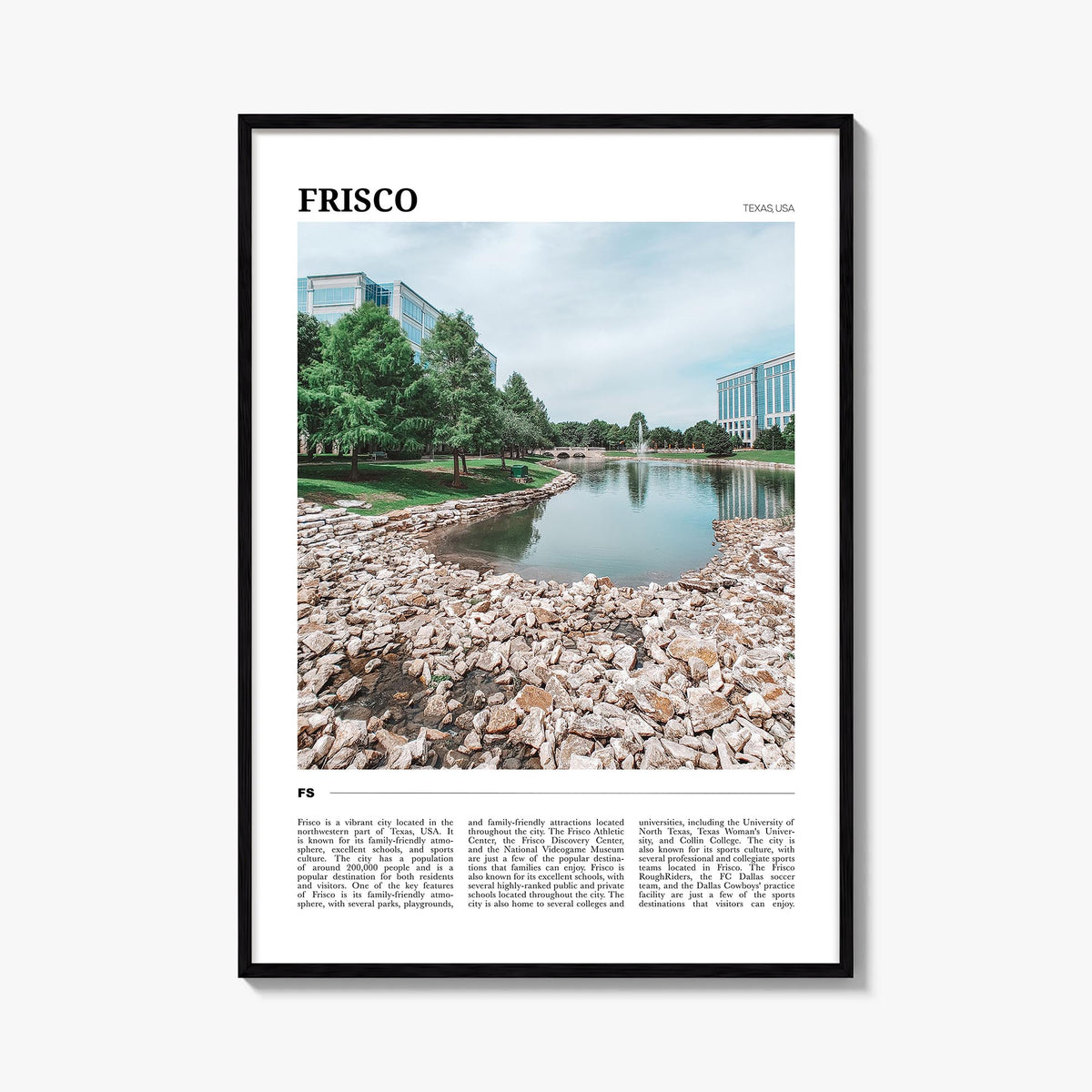 Frisco colorful travel poster of Texas, USA – vertical wall art, unframed print shown in interior mockup