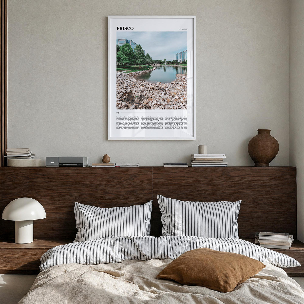 Frisco colorful travel poster of Texas, USA – vertical wall art in white wood frame, hanging on wall