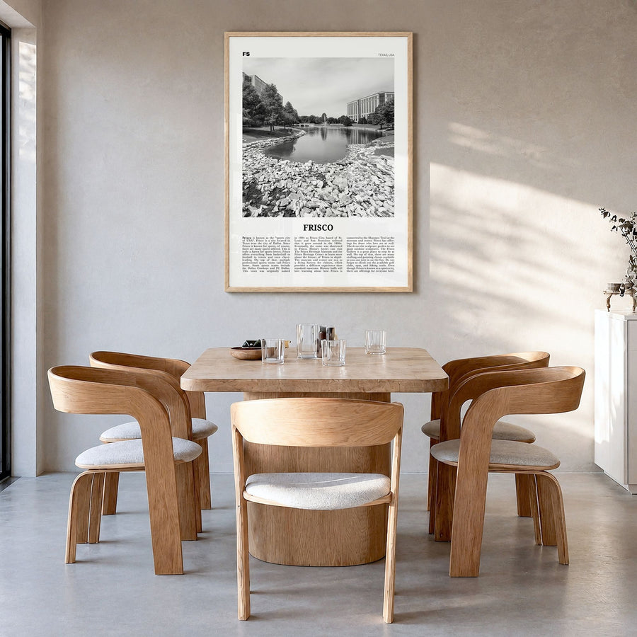 Frisco Newspaper Poster in a natural wood frame, hanging in a dining room