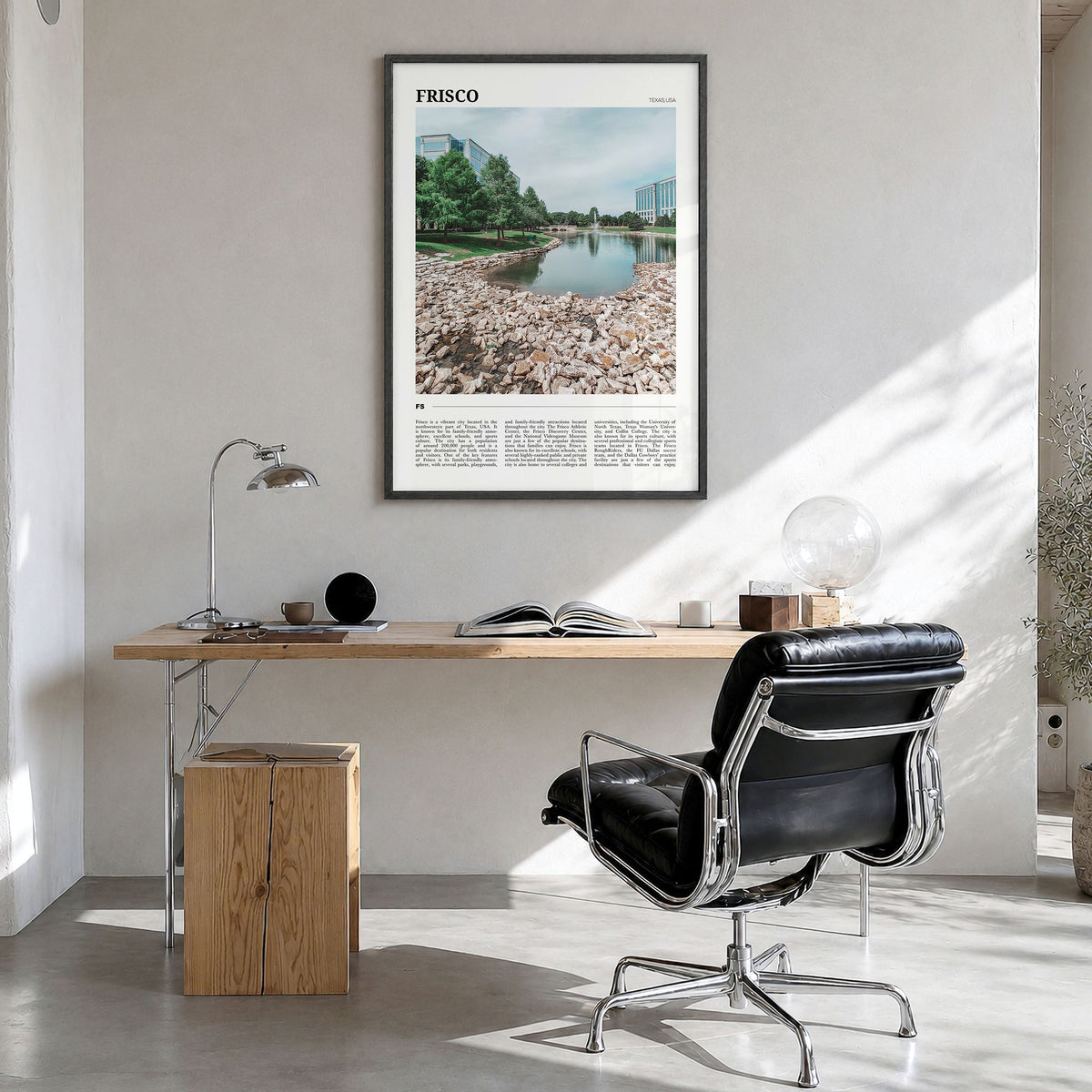 Frisco Travel Poster in a black wood frame, hanging in a bright home office