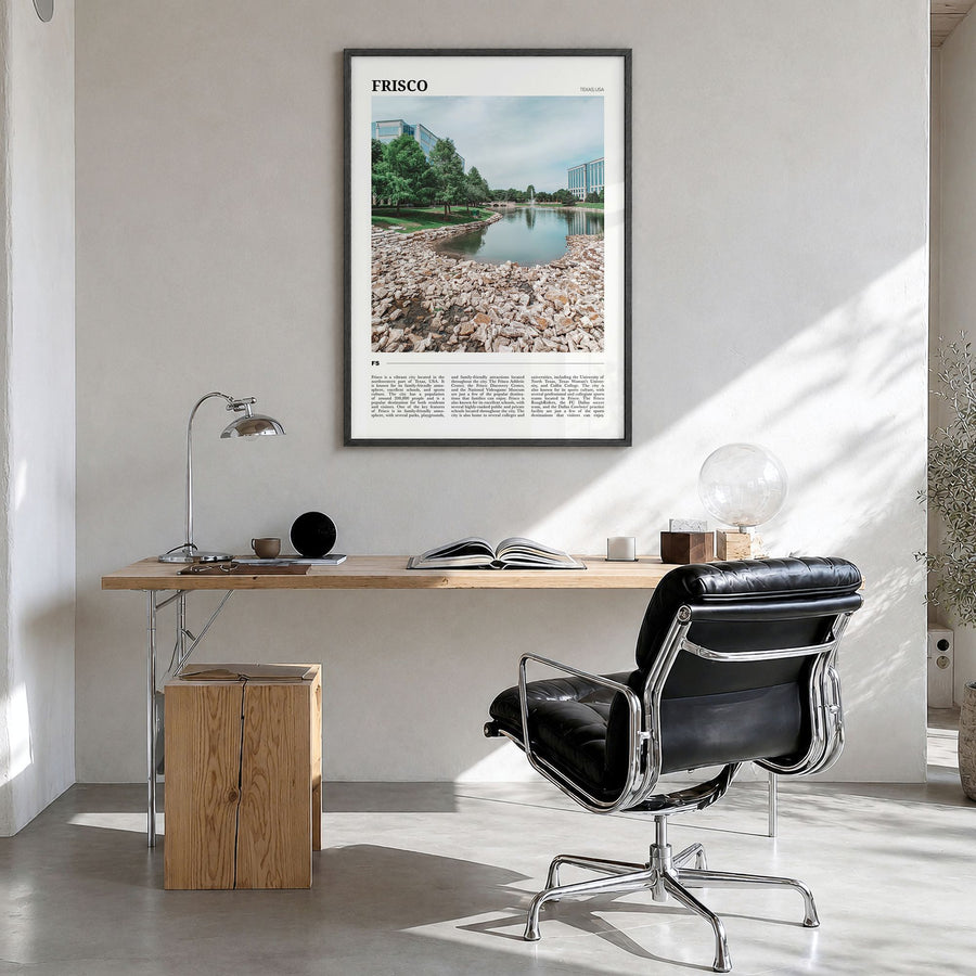 Frisco Travel Poster in a black wood frame, hanging in a bright home office
