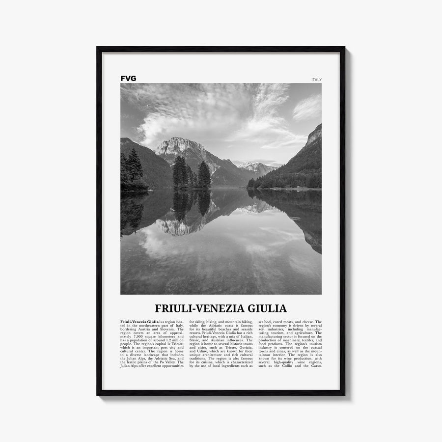 Friuli-Venezia Giulia black & white newspaper poster of Italy – vertical wall art, unframed print shown in interior mockup