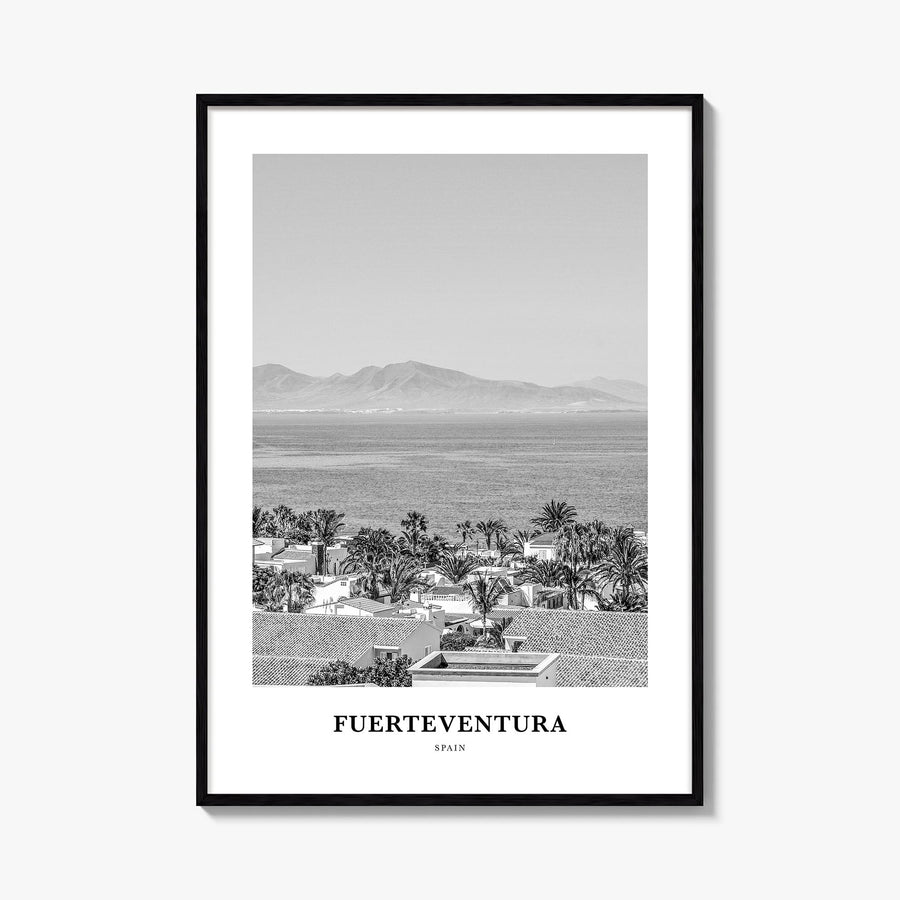 Fuerteventura black & white classic poster of Spain – vertical wall art, unframed print shown in interior mockup