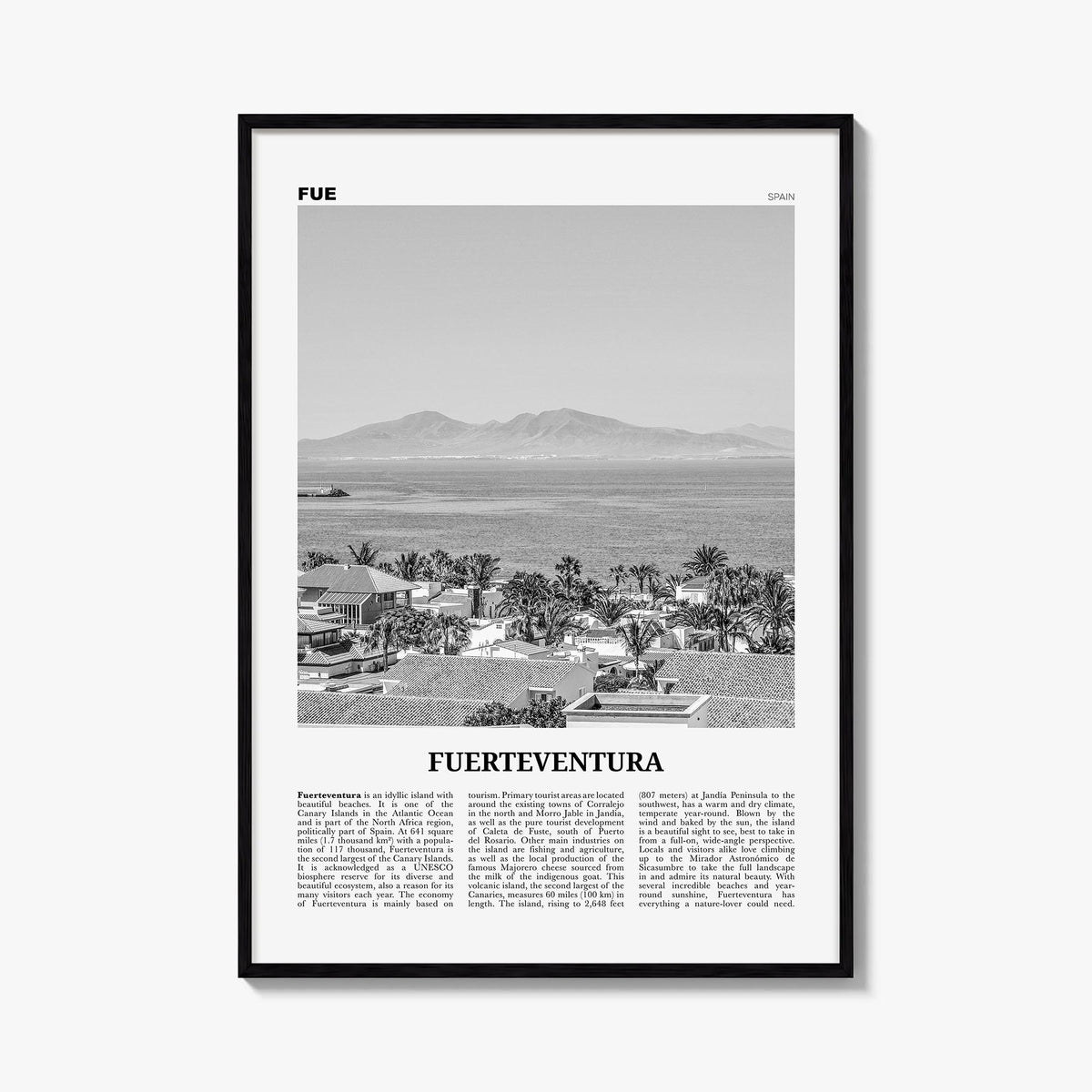 Fuerteventura black & white newspaper poster of Spain – vertical wall art, unframed print shown in interior mockup