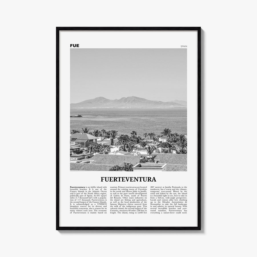Fuerteventura black & white newspaper poster of Spain – vertical wall art, unframed print shown in interior mockup