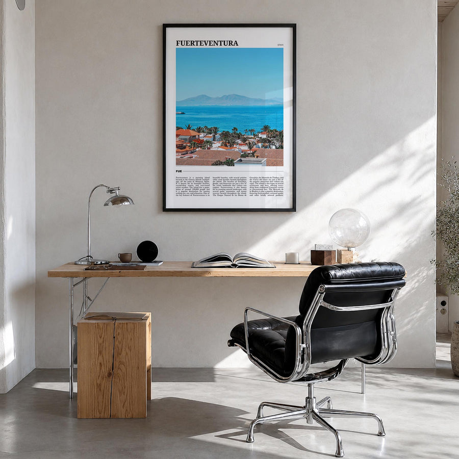 Fuerteventura colorful travel poster of Spain – vertical wall art in black wood frame, hanging on wall