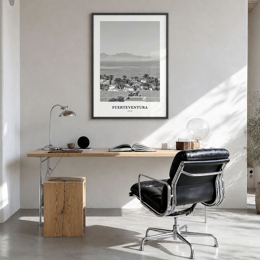 Fuerteventura Classic Poster in a black wood frame, hanging in a bright home office