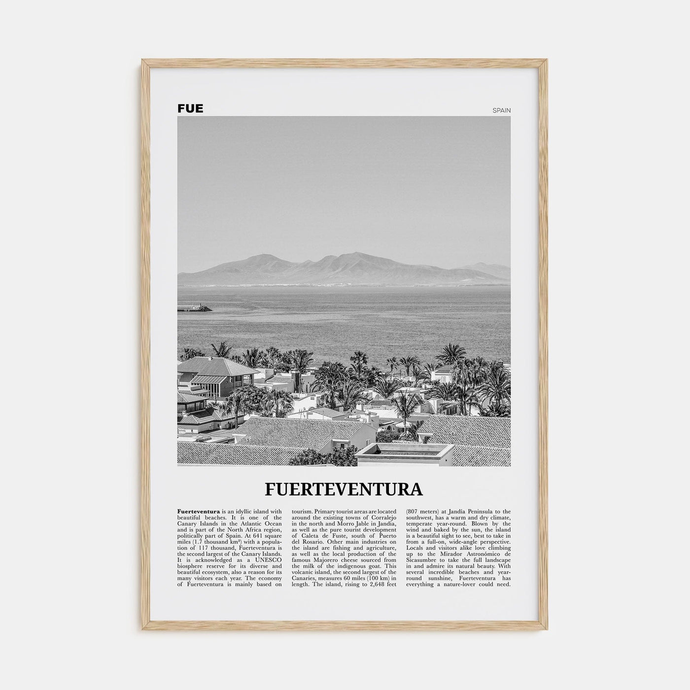 Fuerteventura Poster Natural Wood / 8x12 in Nbourhood Travel B&W Poster