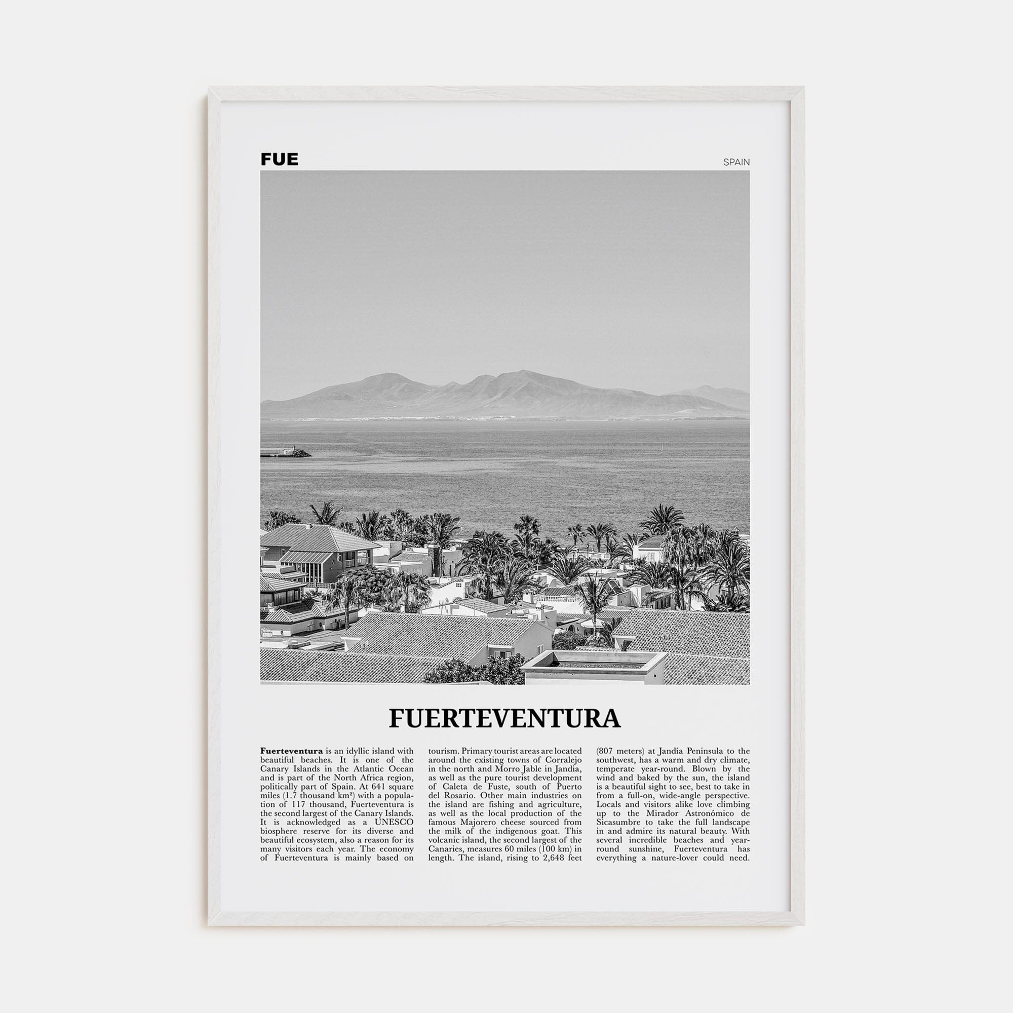 Fuerteventura Poster White Wood / 8x12 in Nbourhood Travel B&W Poster