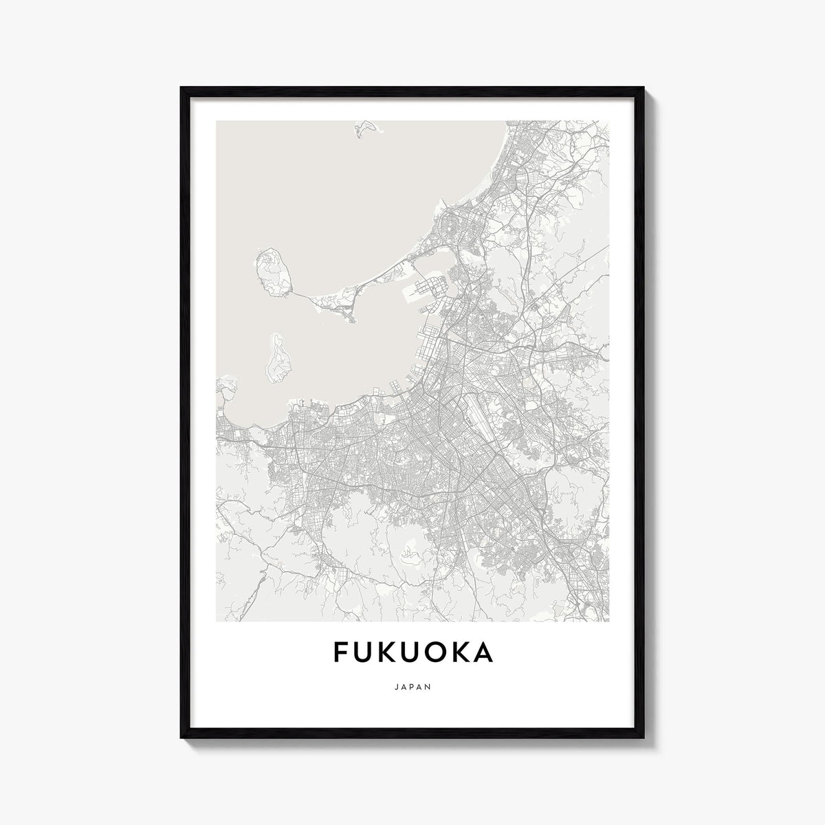 Fukuoka black & white map poster of Japan – vertical wall art, unframed print shown in interior mockup