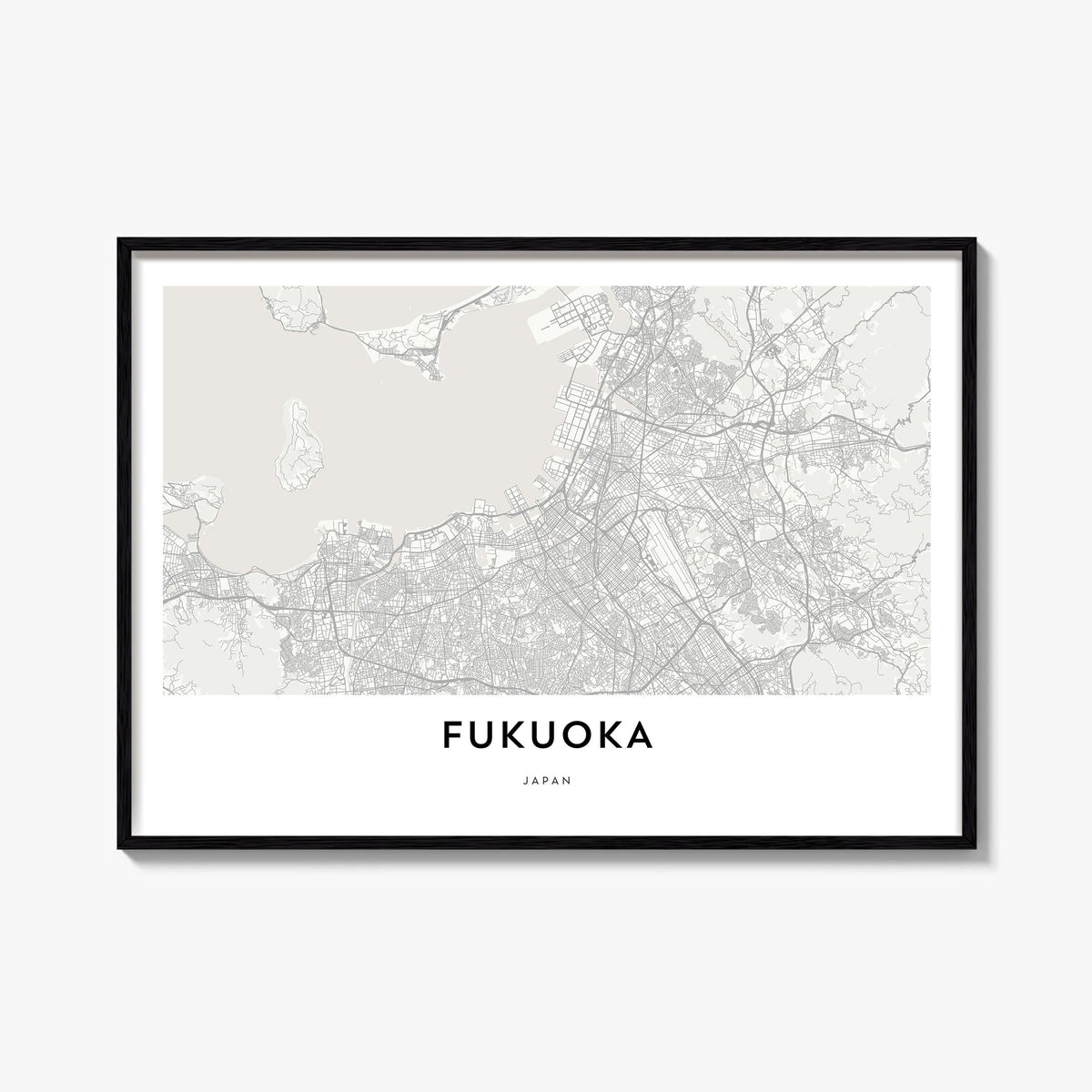 Fukuoka black & white map poster of Japan – horizontal wall art, unframed print shown in interior mockup