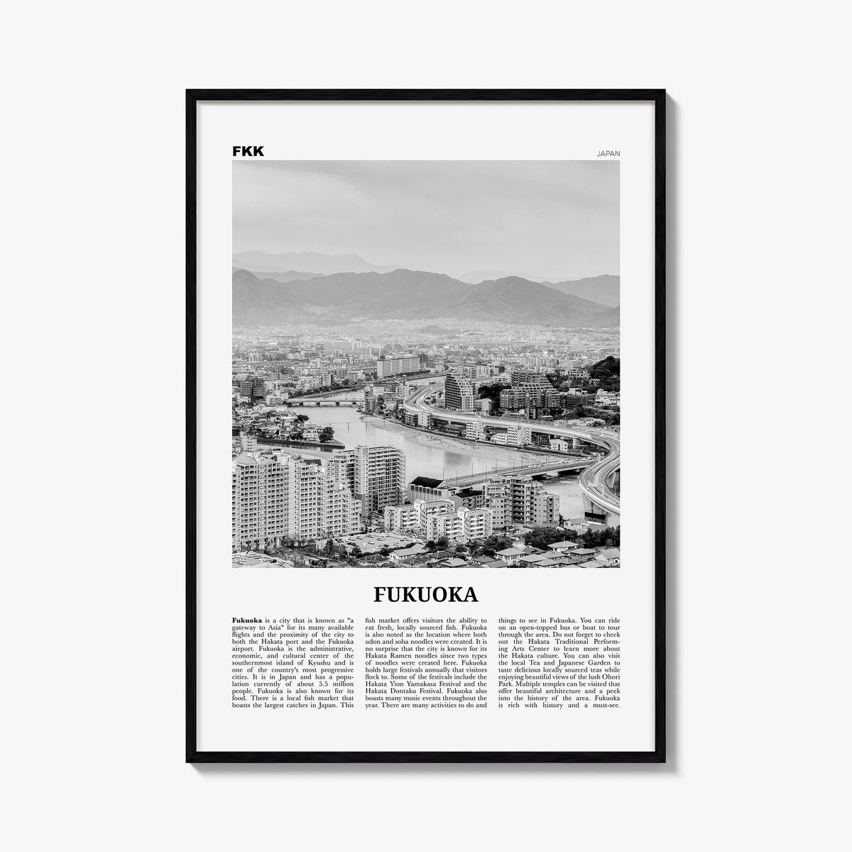 Fukuoka black & white newspaper poster of Japan – vertical wall art, unframed print shown in interior mockup