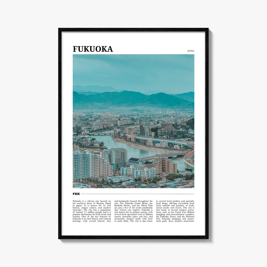 Fukuoka colorful travel poster of Japan – vertical wall art, unframed print shown in interior mockup