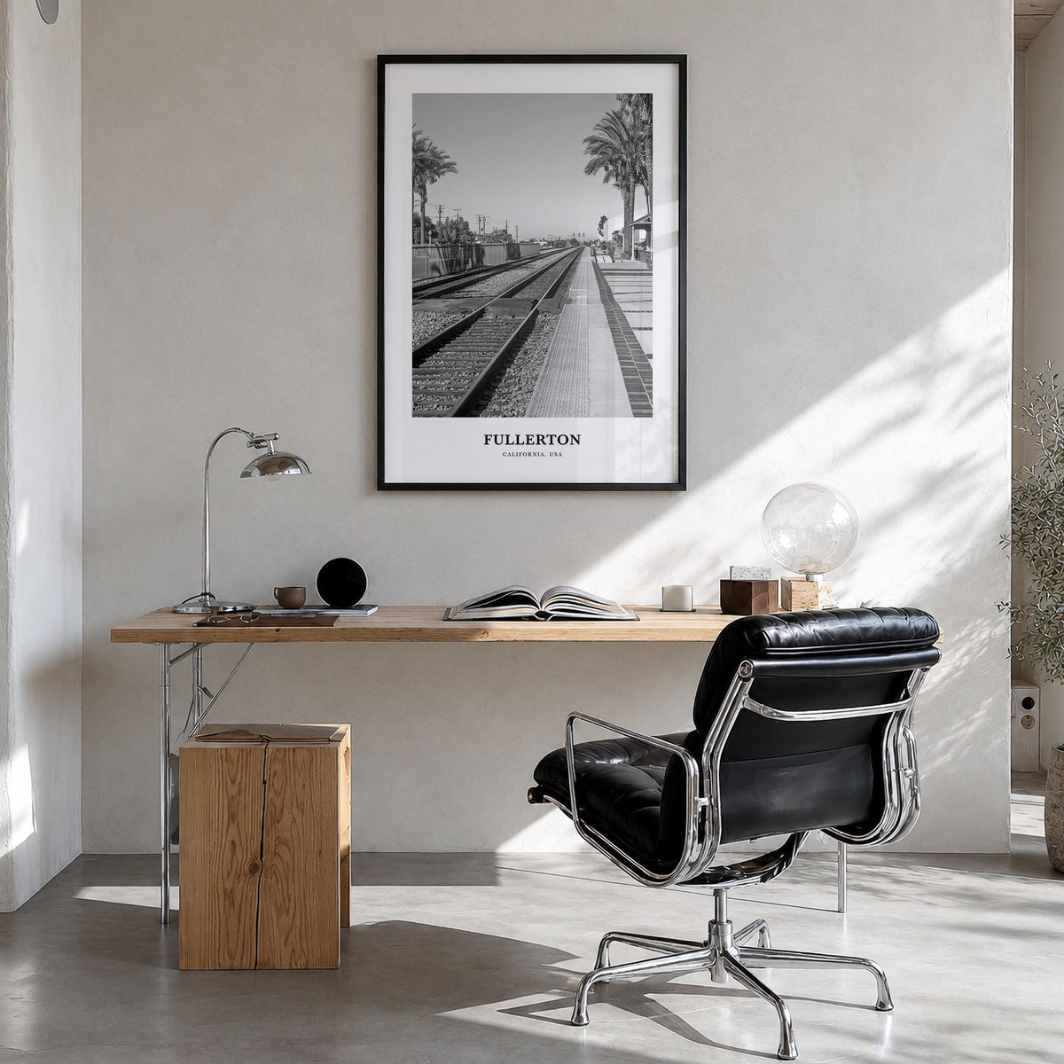 Fullerton black & white classic poster of California, USA – vertical wall art in black wood frame, hanging on wall