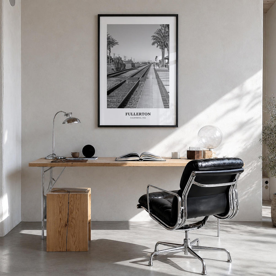 Fullerton black & white classic poster of California, USA – vertical wall art in black wood frame, hanging on wall
