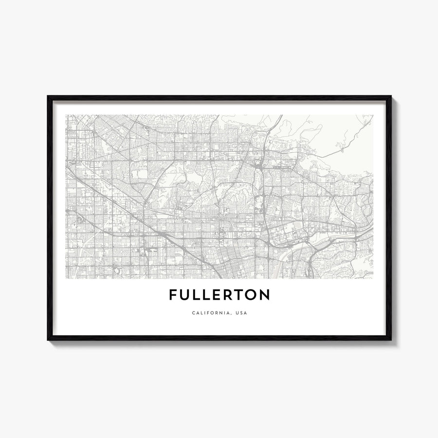 Fullerton black & white map poster of California, USA – horizontal wall art, unframed print shown in interior mockup