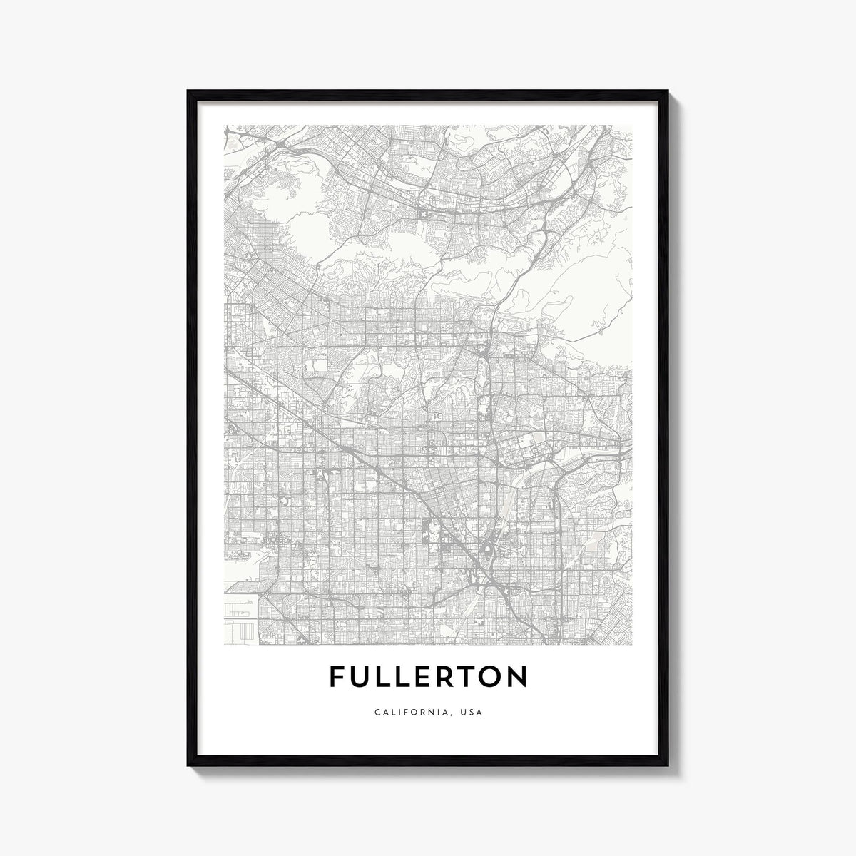 Fullerton black & white map poster of California, USA – vertical wall art, unframed print shown in interior mockup