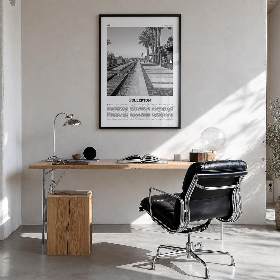Fullerton black & white newspaper poster of California, USA – vertical wall art in black wood frame, hanging on wall