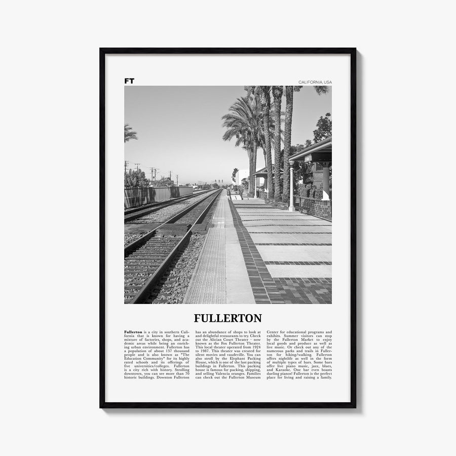 Fullerton black & white newspaper poster of California, USA – vertical wall art, unframed print shown in interior mockup
